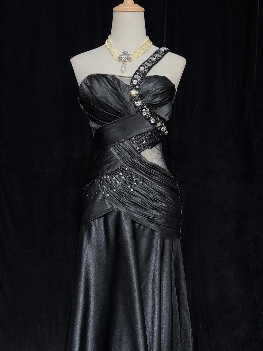 Vintage Prom Dresses 80s Mermaid One Shoulder Black Tie Dress With Beading Semi Formal Evening Outfits N3636