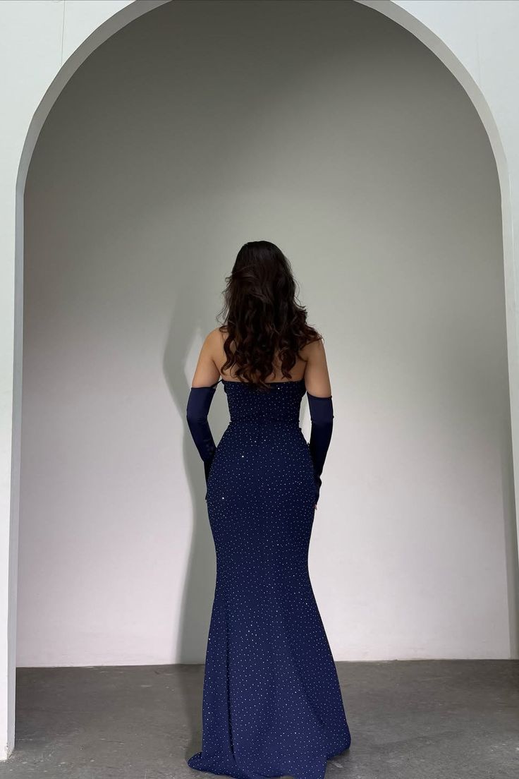 Classy Dark Navy Strapless Mermaid Prom Dress Detachable Sleeves With Beads Zipper Formal Gowns AB1925