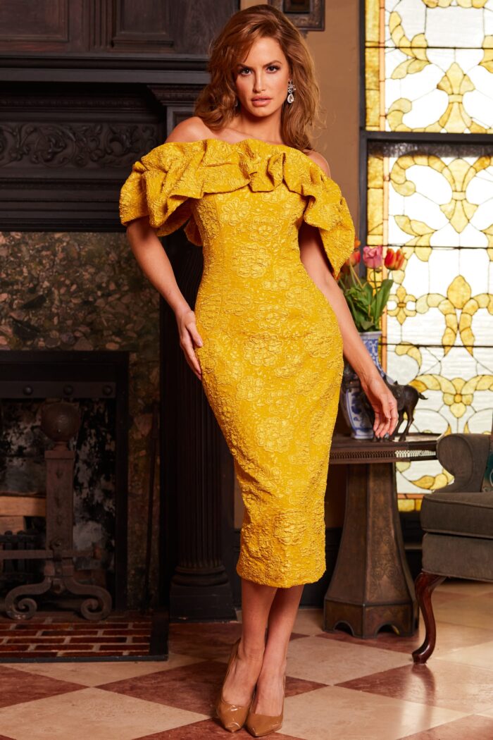 Jovani 23848 Tea Length Ruffle Mustard Formal Dress
