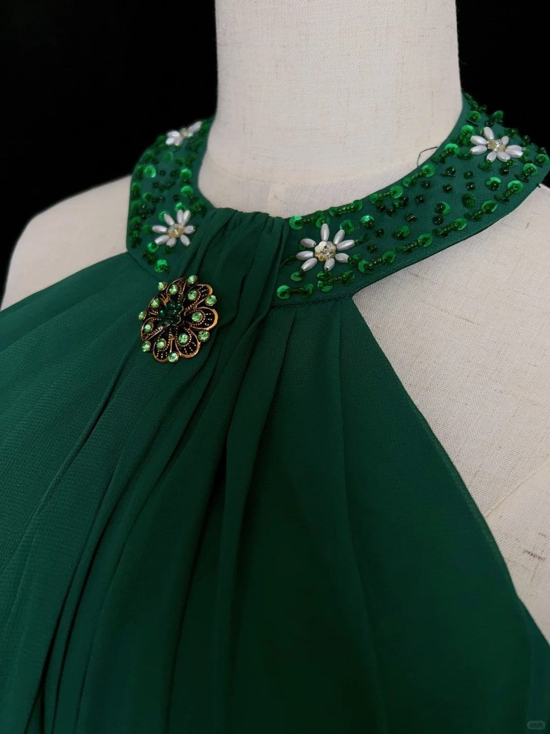 Vintage Prom Dresses 80s A Line Halter Green Chiffon With Beaded Long Evening Outfits N3450