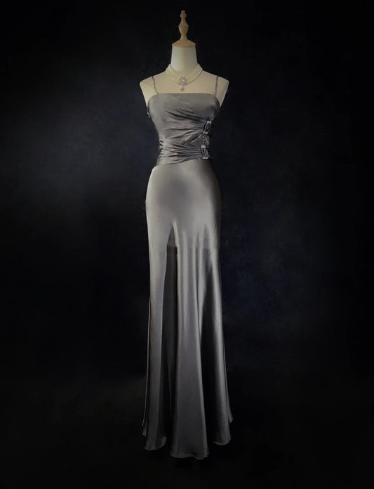 Modest Prom Dresses Mermaid Spaghetti Strap Grey Satin Long Evening Outfits N3471