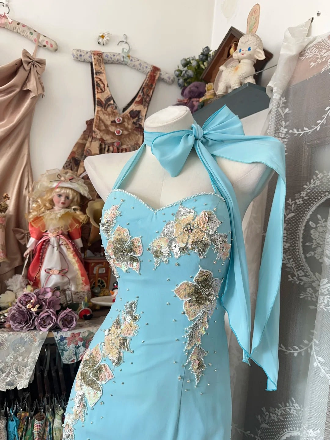 Classy Prom Dresses Sheath Halter Tiffany Blue Chiffon With Appliqued Long Formal Evening Outfits N3765