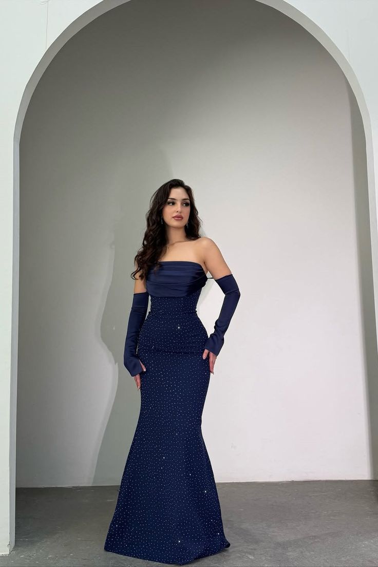 Classy Dark Navy Strapless Mermaid Prom Dress Detachable Sleeves With Beads Zipper Formal Gowns AB1925