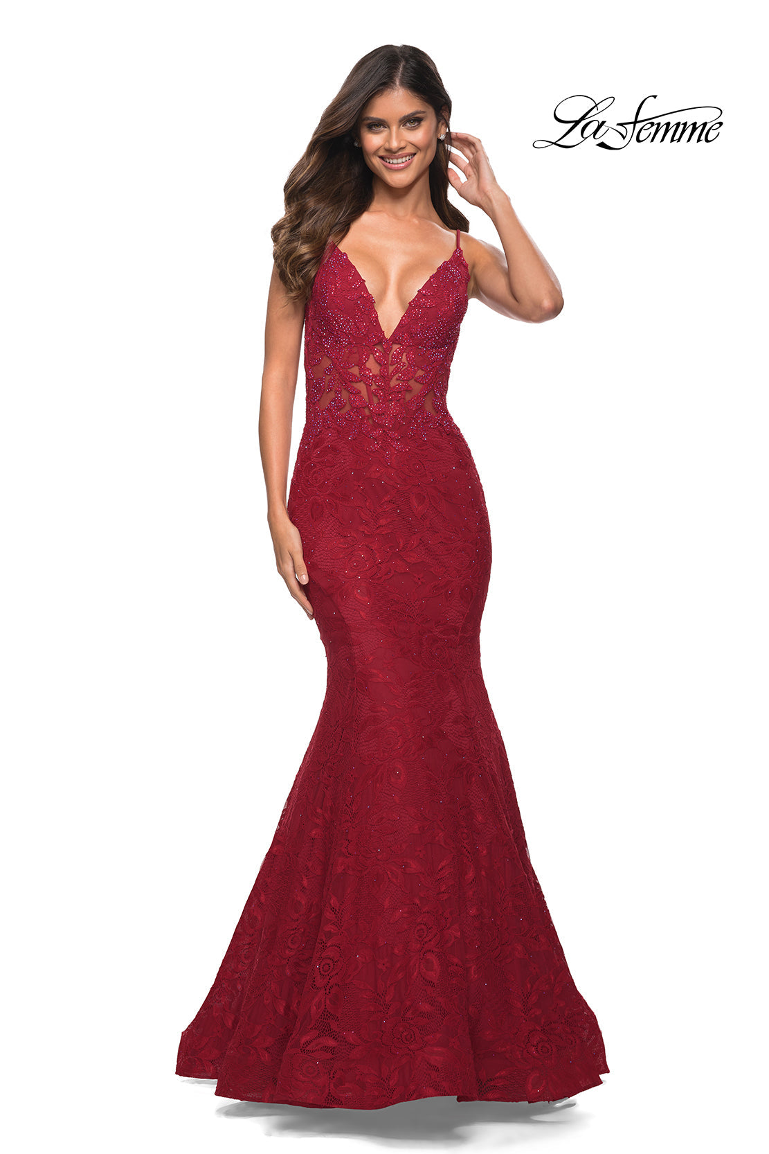 La Femme Sheer-Waist Long Lace Mermaid Prom Dress