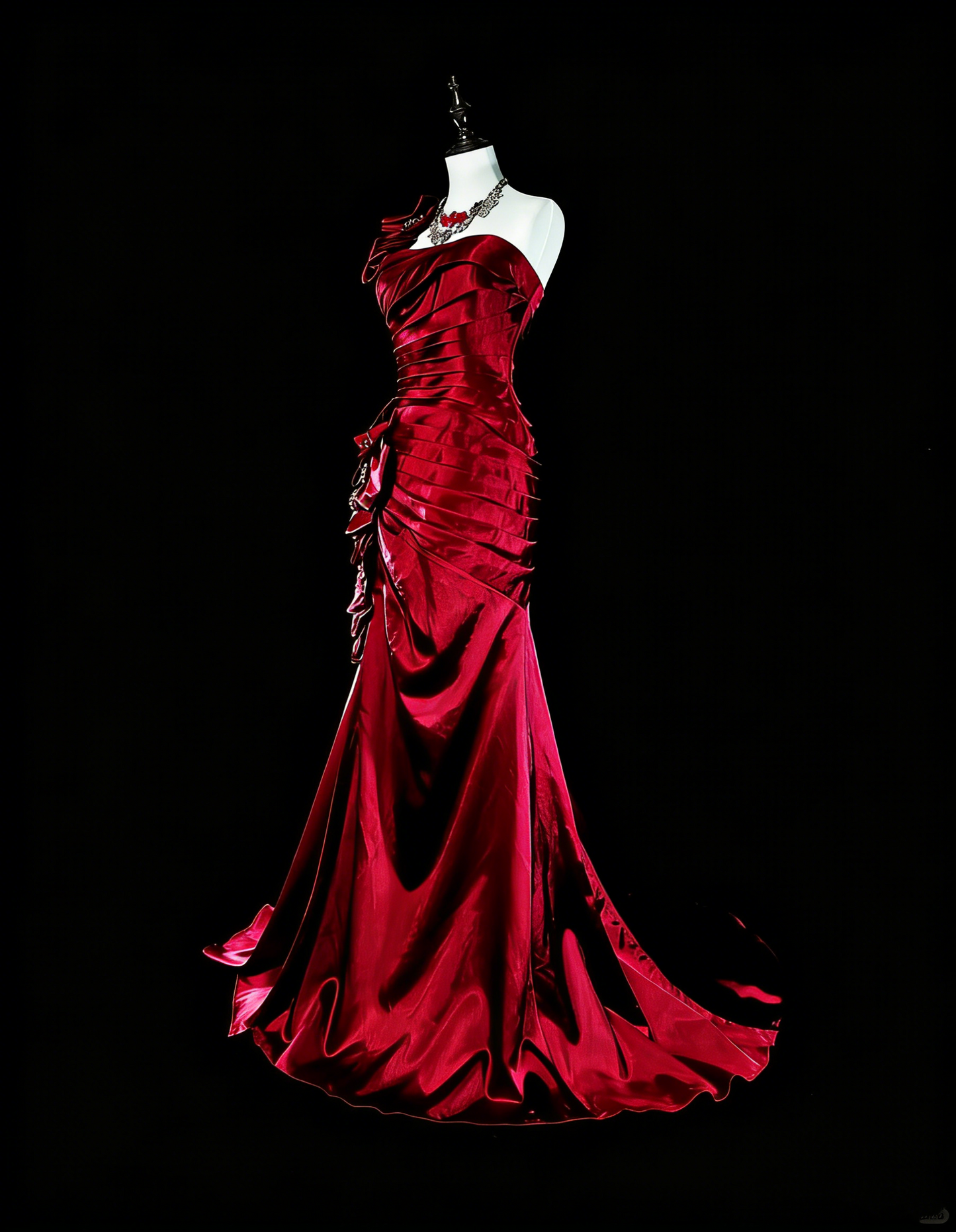 Vintage 1980s Mermaid One Shoulder Red With Pleated Ruffles Sleeveless Long Prom Formal Dresses N1602