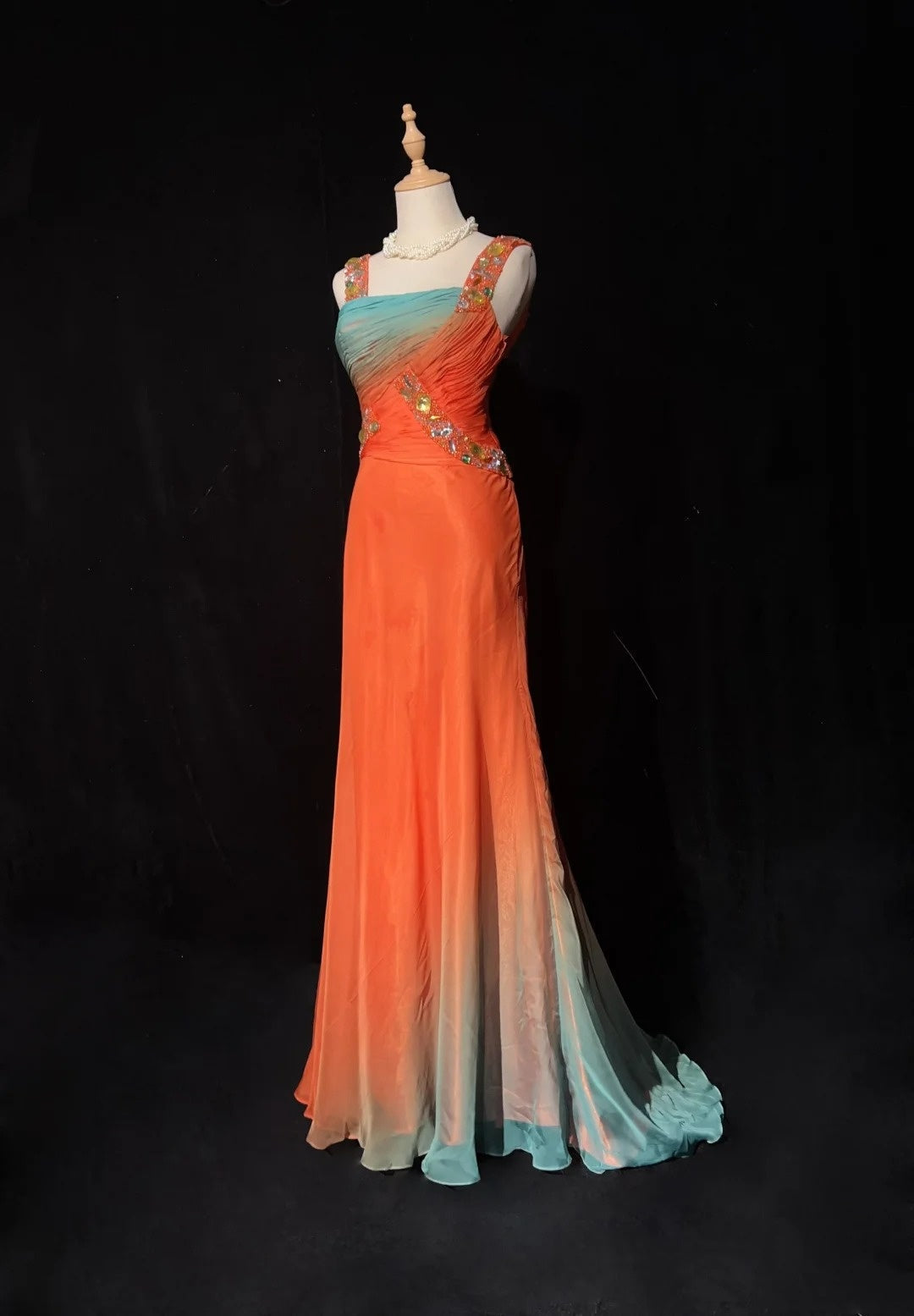 Vintage Prom Dresses 1960s A line Square Neck Gradient Orange Chiffon Beaded Long Prom Gown N3104