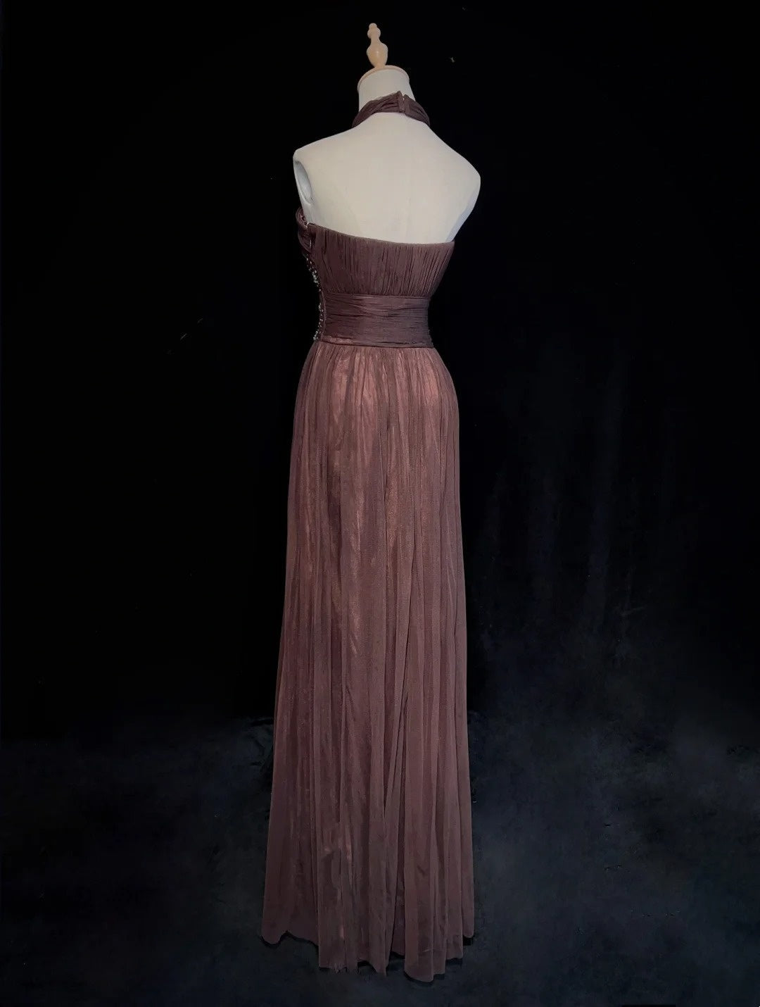 Vintage Prom Dresses Inspo A Line Halter Chocolate Chiffon Long 1990s With Beading Formal Gowns N3339
