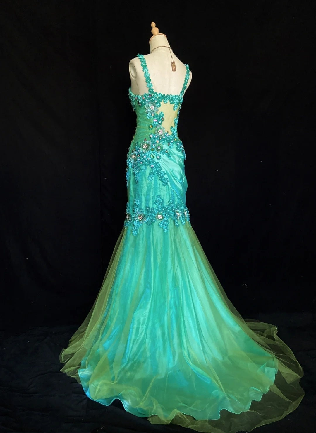 Elegant Prom Dresses Mermaid Spaghetti Strap Green Tulle With Flowers Floor Length Formal Evening Outfits N3490