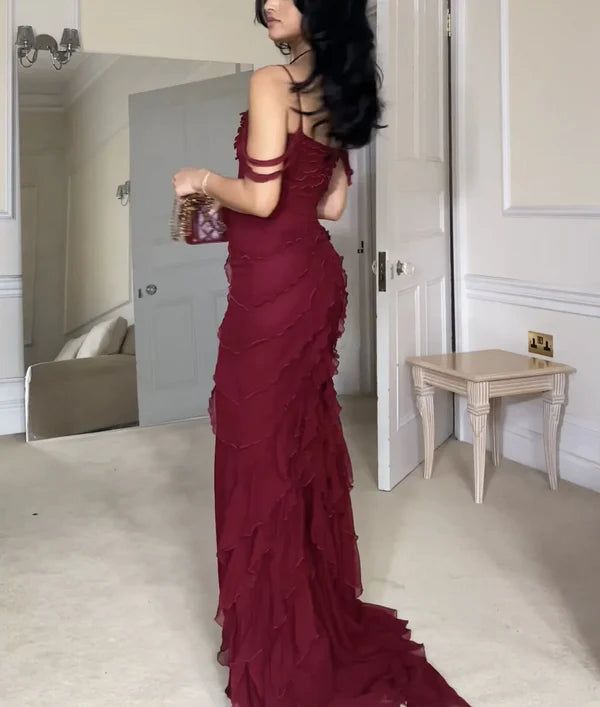 Pretty Mermaid Off The Shoulder Burgundy Slit Long Prom Dresses Formal Evening Dress N1622