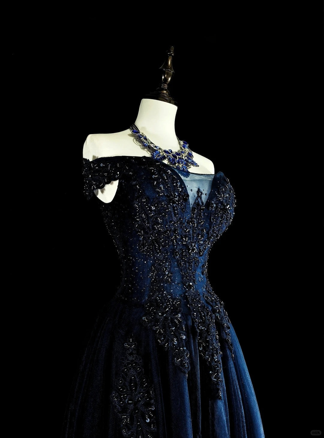 Vintage A line Off The Shoulder Navy Blue Tulle 90s Evening Gowns Formal Birthday Dress Long Prom Dresses N1752