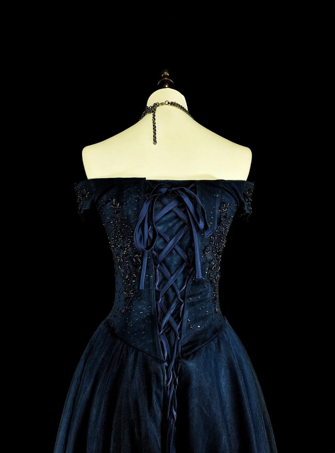 Vintage A line Off The Shoulder Navy Blue Tulle 90s Evening Gowns Formal Birthday Dress Long Prom Dresses N1752