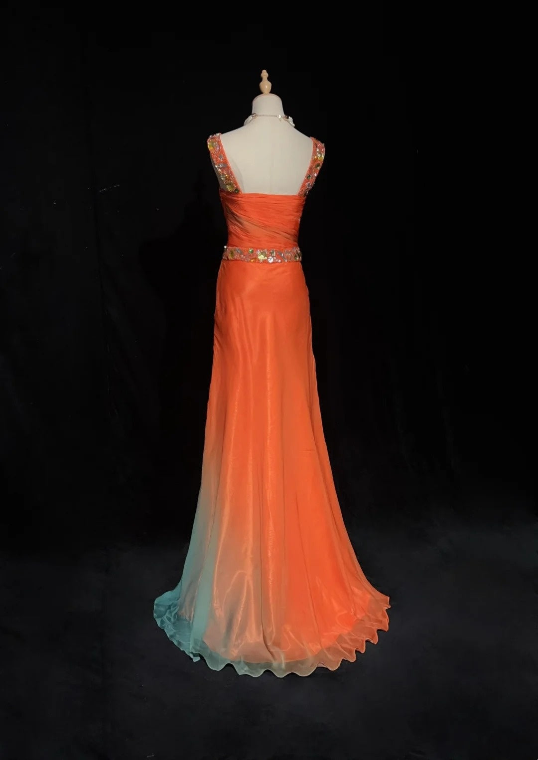 Vintage Prom Dresses 1960s A line Square Neck Gradient Orange Chiffon Beaded Long Prom Gown N3104
