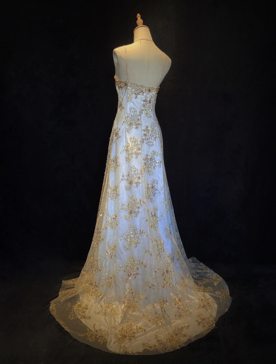Vintage 90s Prom Dresses A Line Spaghetti Strap White Chiffon With Gold Lace Formal Evening Outfits N3849