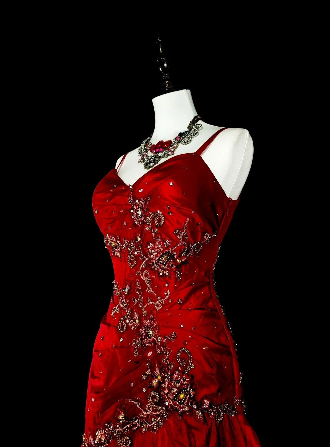 Vintage 1980s Mermaid Spaghetti Straps Red With Appliques Sleeveless Long Prom Formal Dresses N1601