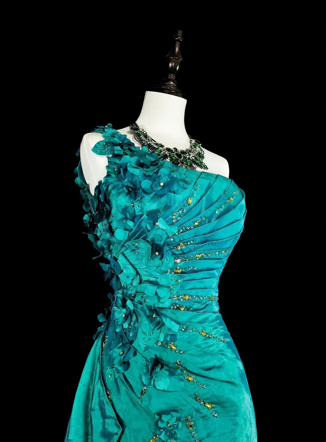 Vintage Mermaid One Shoulder Green 70s With Pleated Beads Long Prom Gown Party Wear Dresses N1838