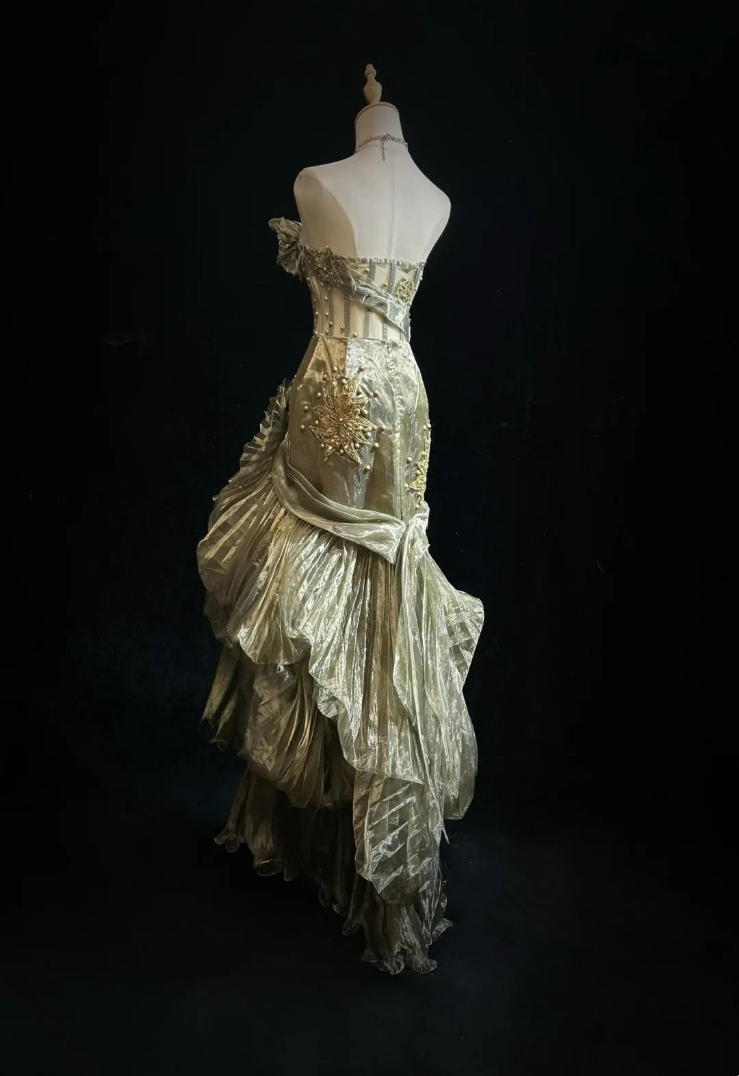 Gothic Glam Prom Dresses Mermaid Strapless Green Organza Sleeveless With Ruffled Semi Formal Evening Dress N3795