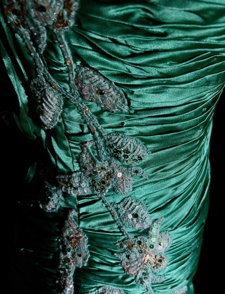 Vintage Prom Dresses Inspo Mermaid Square Neck Green Satin 90s With Appliqued For Women Formal Gowns N3332