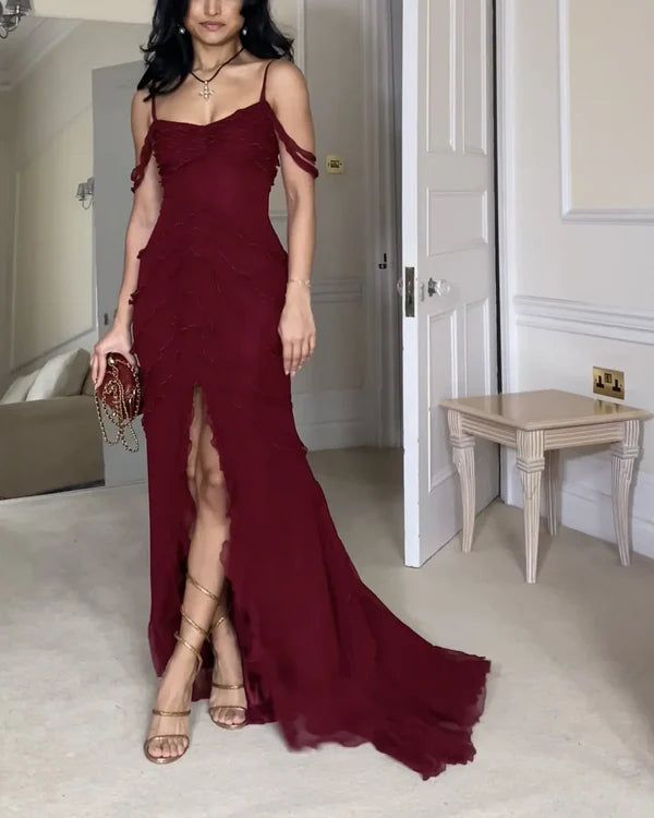 Pretty Mermaid Off The Shoulder Burgundy Slit Long Prom Dresses Formal Evening Dress N1622