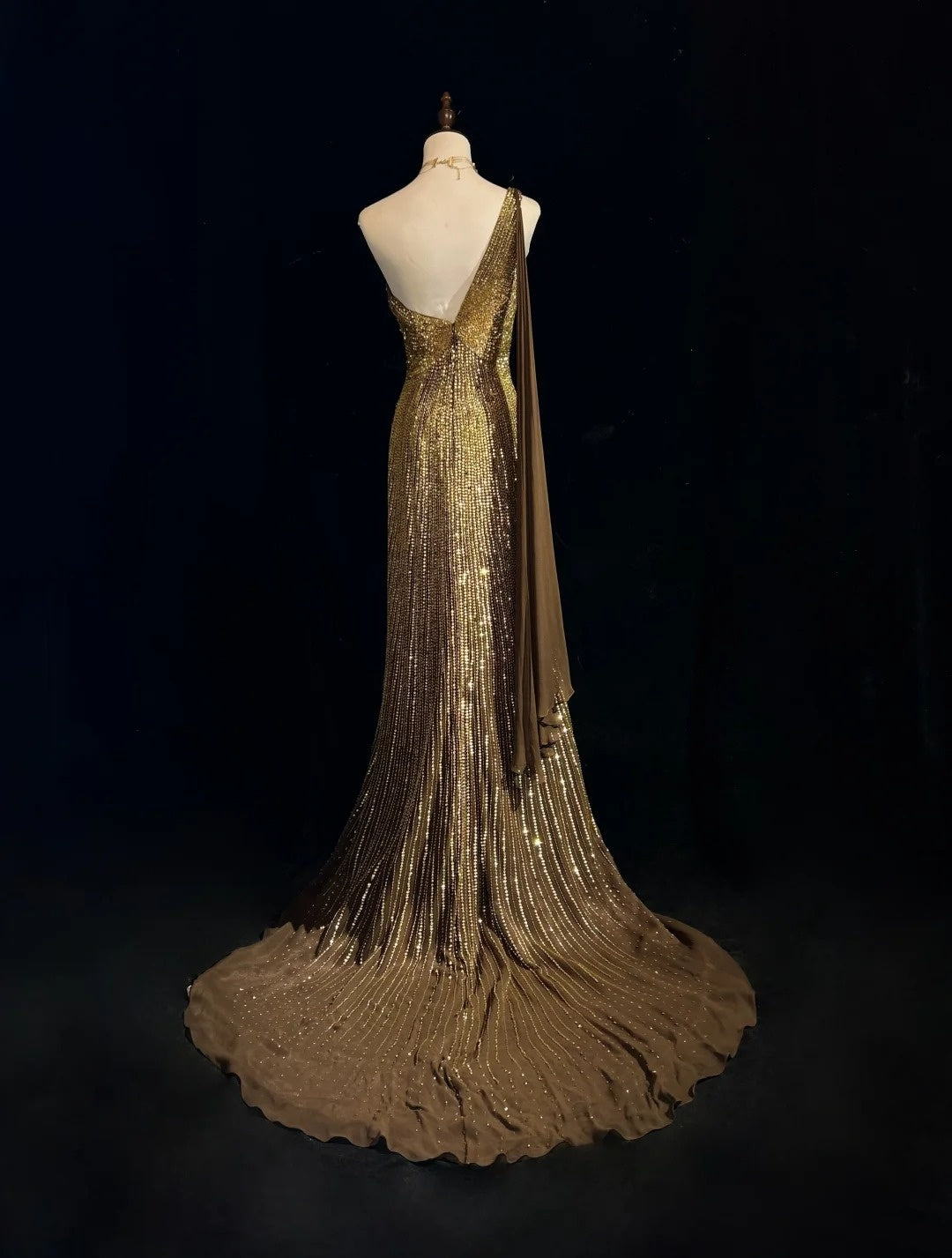 Vintage Mermaid 2000s One Shoulder Gold Sequin Formal Dress Long Sparkly Prom Dresses N2574