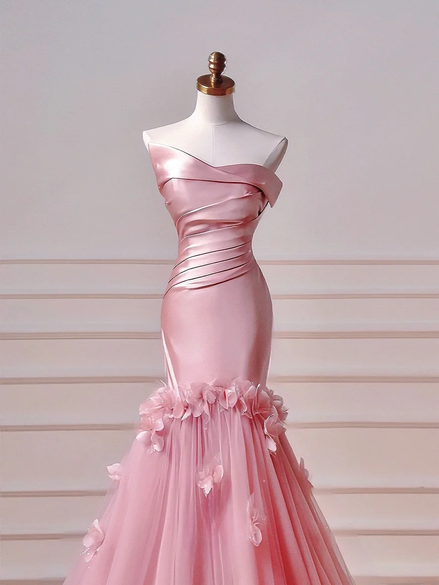 Chic Prom Dresses Aesthetic Mermaid Strapless Pink With Pleated Flowers Inspo Impress Long Party Formal Gown For Teenagers High Schools AQ031