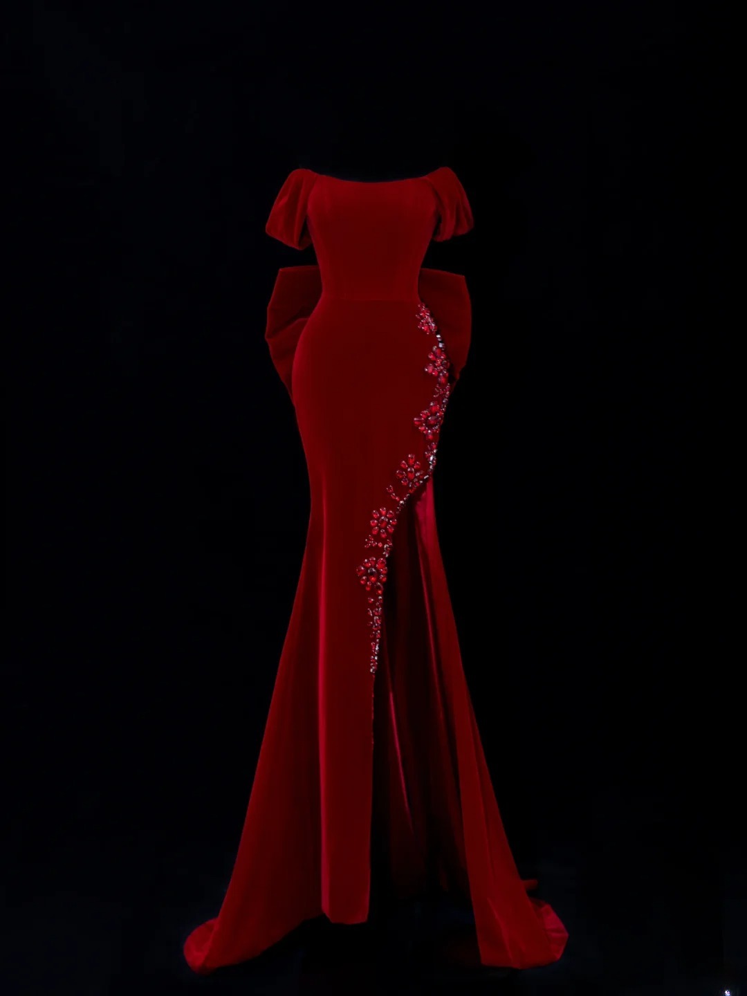 Classic 1950s Formal Mermaid Off The Shoulder Burgundy Velvet With Beads Bow-knot Style Impress Long Prom Dresses Party Gowns SA043