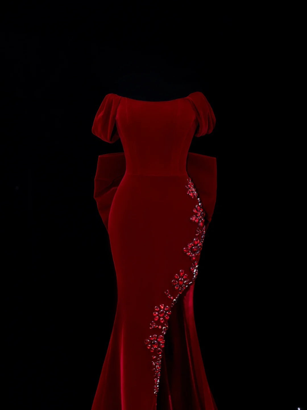 Classic 1950s Formal Mermaid Off The Shoulder Burgundy Velvet With Beads Bow-knot Style Impress Long Prom Dresses Party Gowns SA043