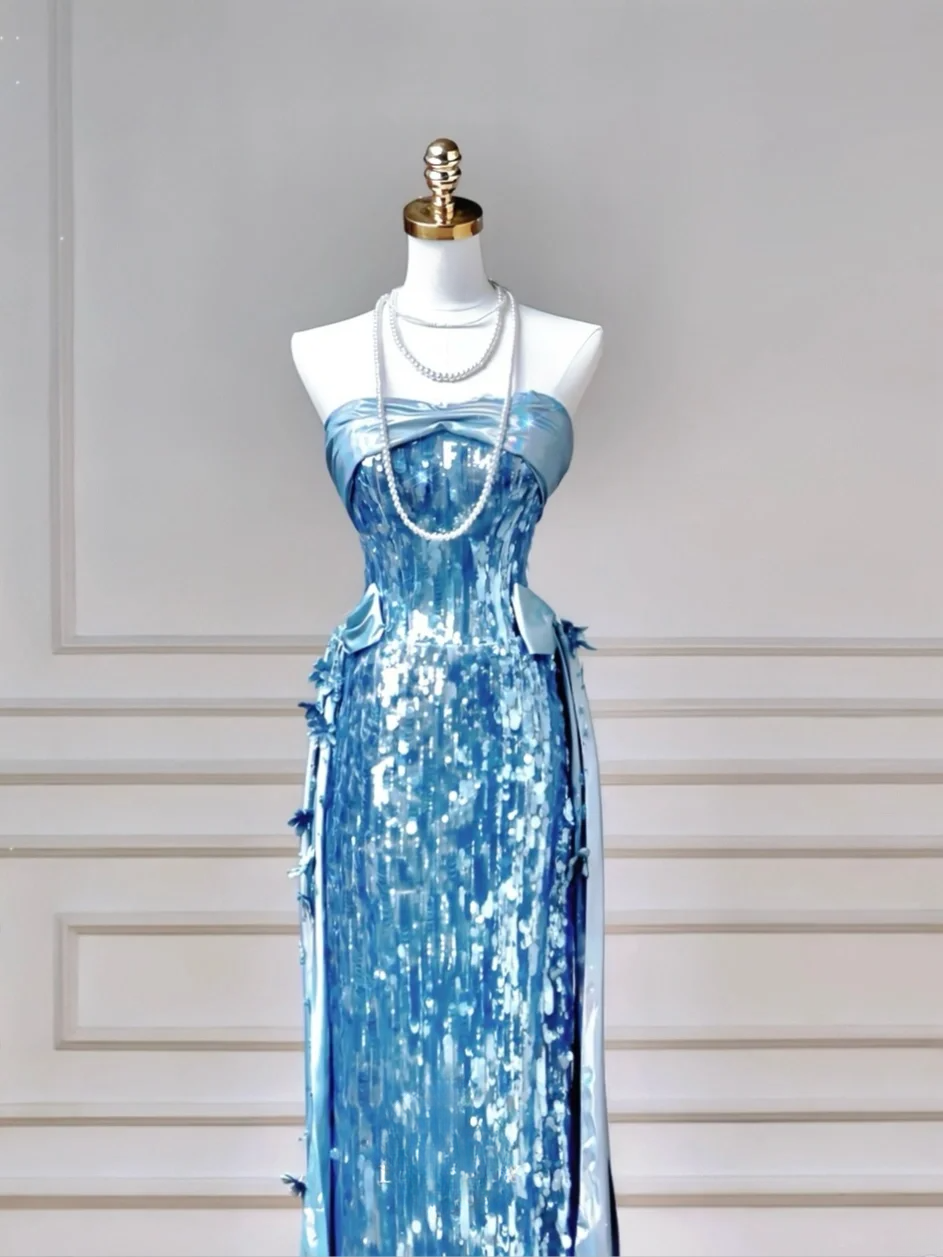 Glitter Sheath Strapless Blue Sequins Long Formal Fancy Prom Evening Dress Dinner Outfits Party Gowns For Teens AQ060