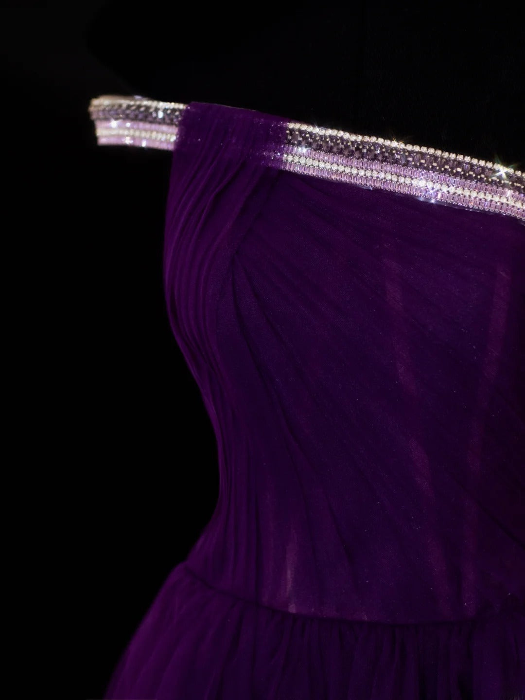 Classy A Line 1950s Formal One Shoulder Purple Tulle With Beads Pleated Style Impress Long Prom Dresses Party Gowns SA081