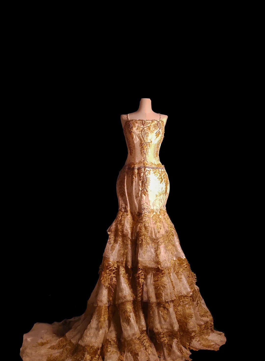 Vintage 1950s Mermaid Spaghetti Strap Gold Lace Tiered With Appliques Long Prom Dresses High School Senior Graduation Dance Evening Gown AS099