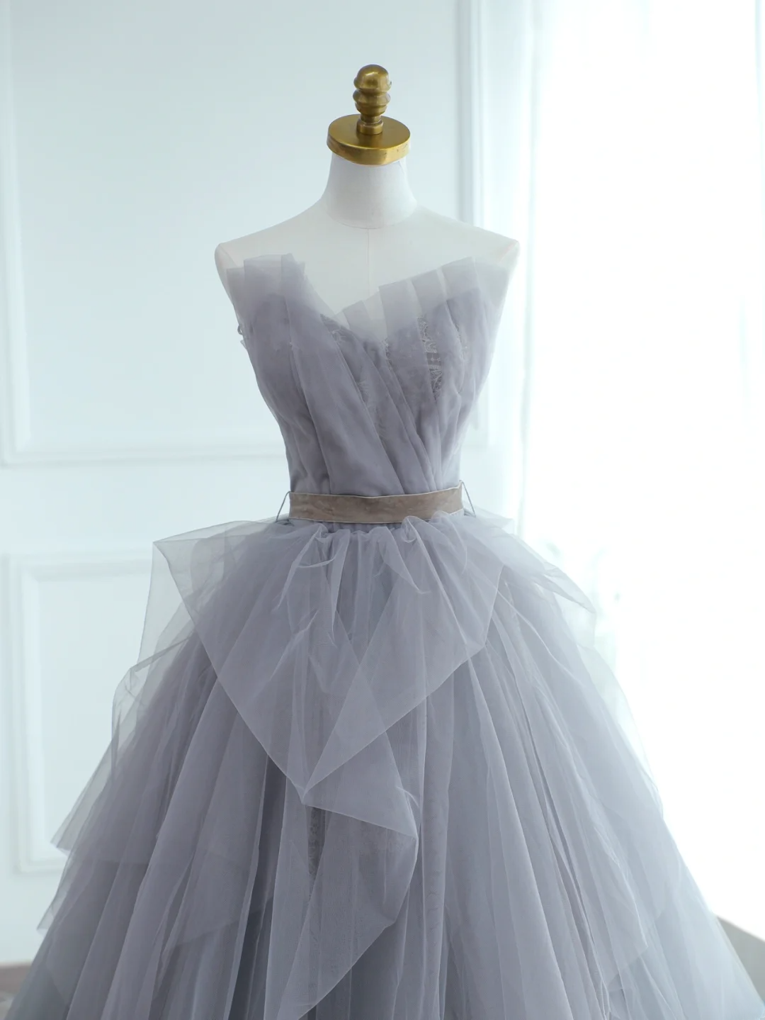 Chic Ball Gown Strapless Silver Gray Tulle Long Formal Prom Dresses Dance Night Outfits Evening 18th Birthday Outfit AS172