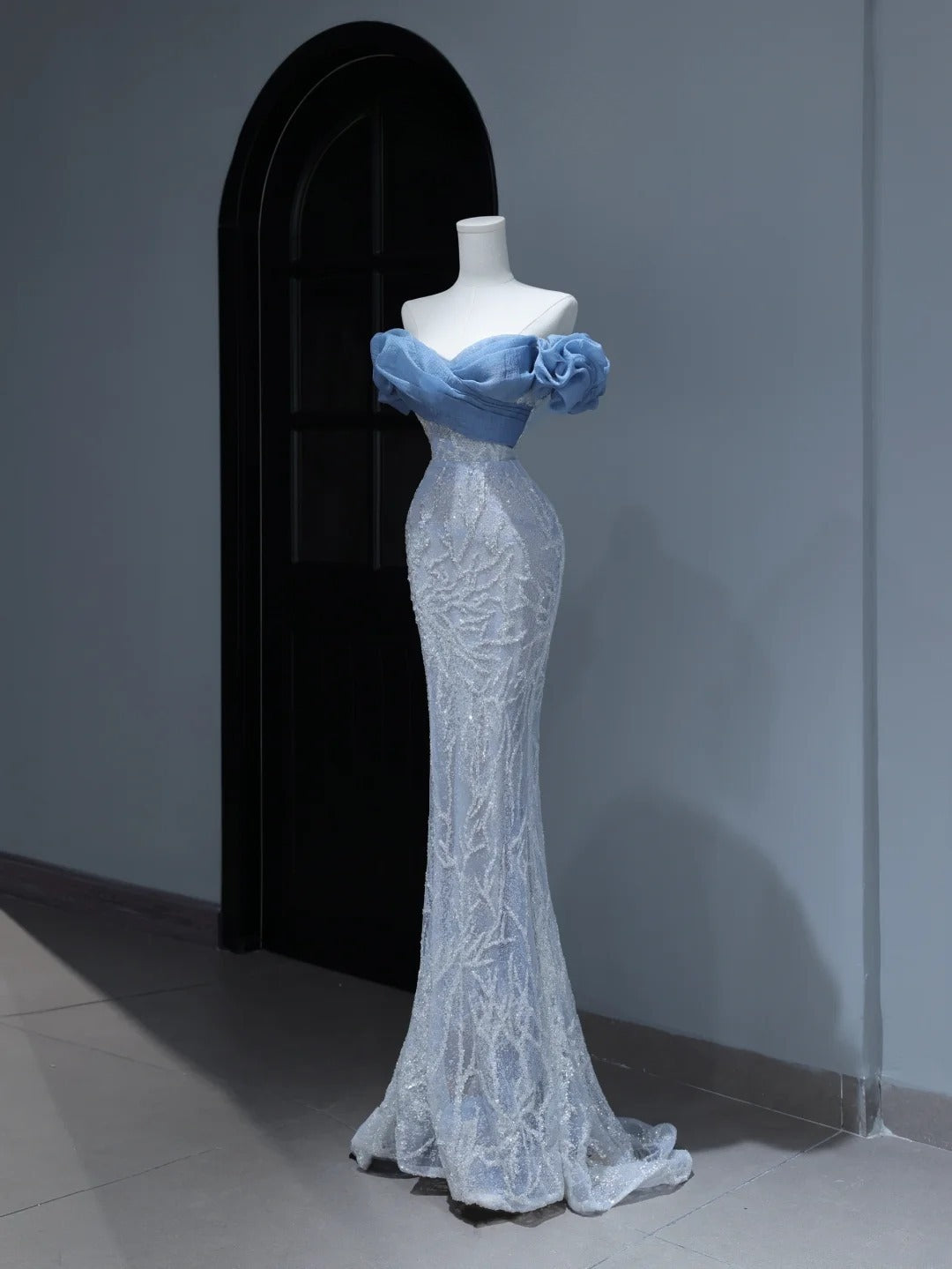 Modest Prom Dresses Aesthetic Mermaid Off The Shoulder Blue Sequins Inspiration Style Impress With Puffy Sleeves Long Party Formal Gown AS380
