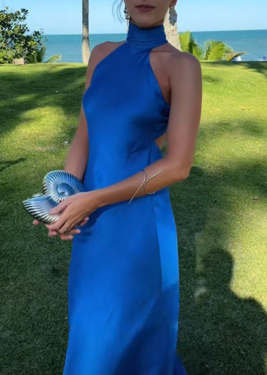 Simple Sheath High Neck Royal Blue Backless Satin Long Prom Formal Dresses N2494