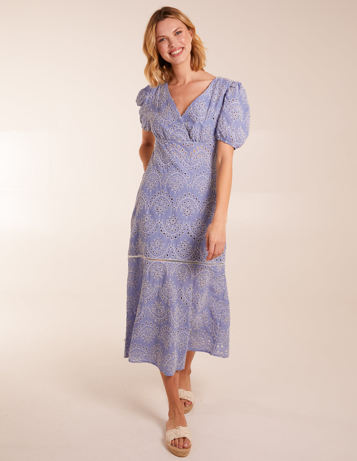 Broderie Anglaise Puff Sleeve Midi Dress