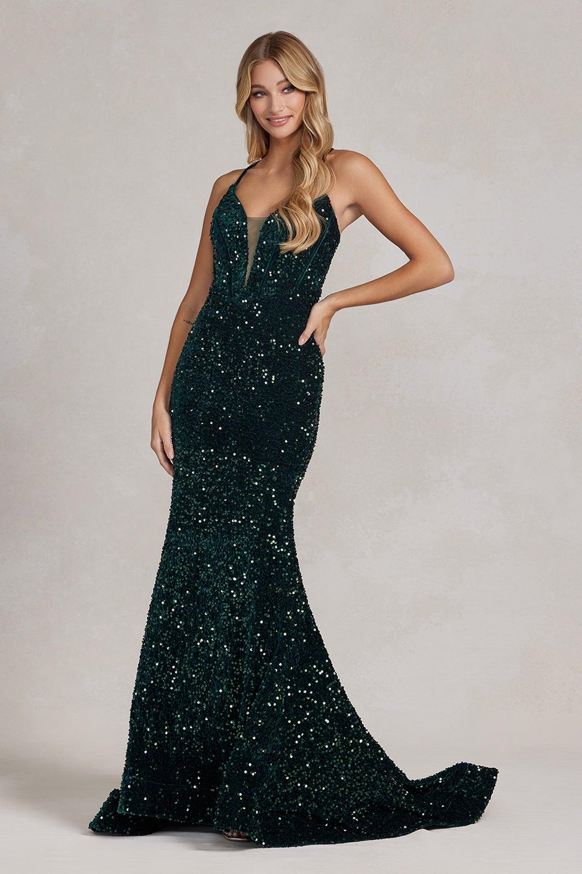 Nox Anabel C1109 Long Spaghetti Strap Fitted Prom Dress