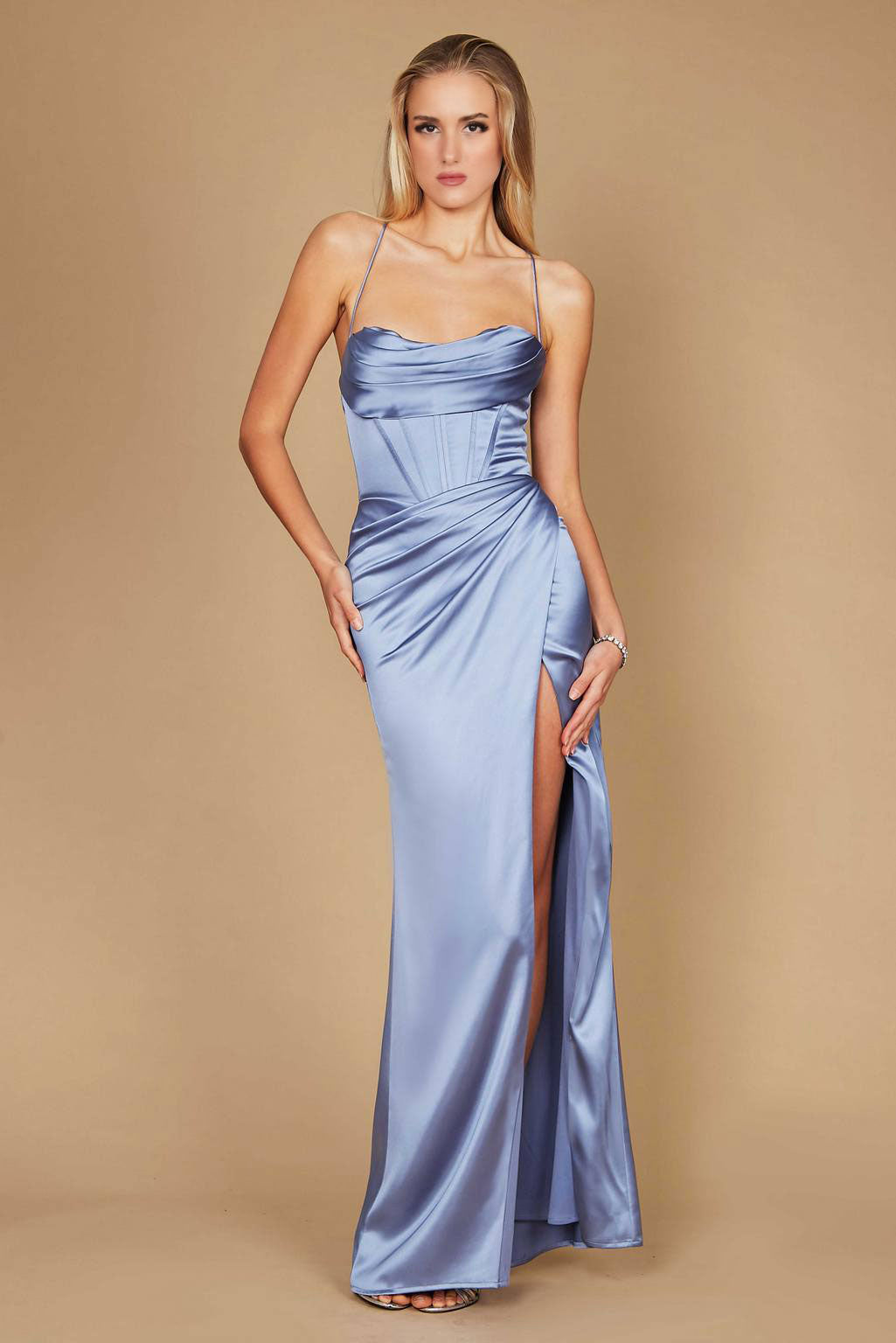 Satin Draped Corset Cowl Long Prom Dress