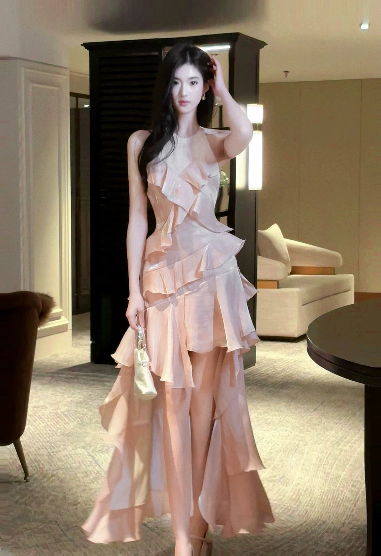 Modest French Style A line Scoop Pink Tiered Layers Fashion Women Long Formal Outfits Prom Dresses N2098