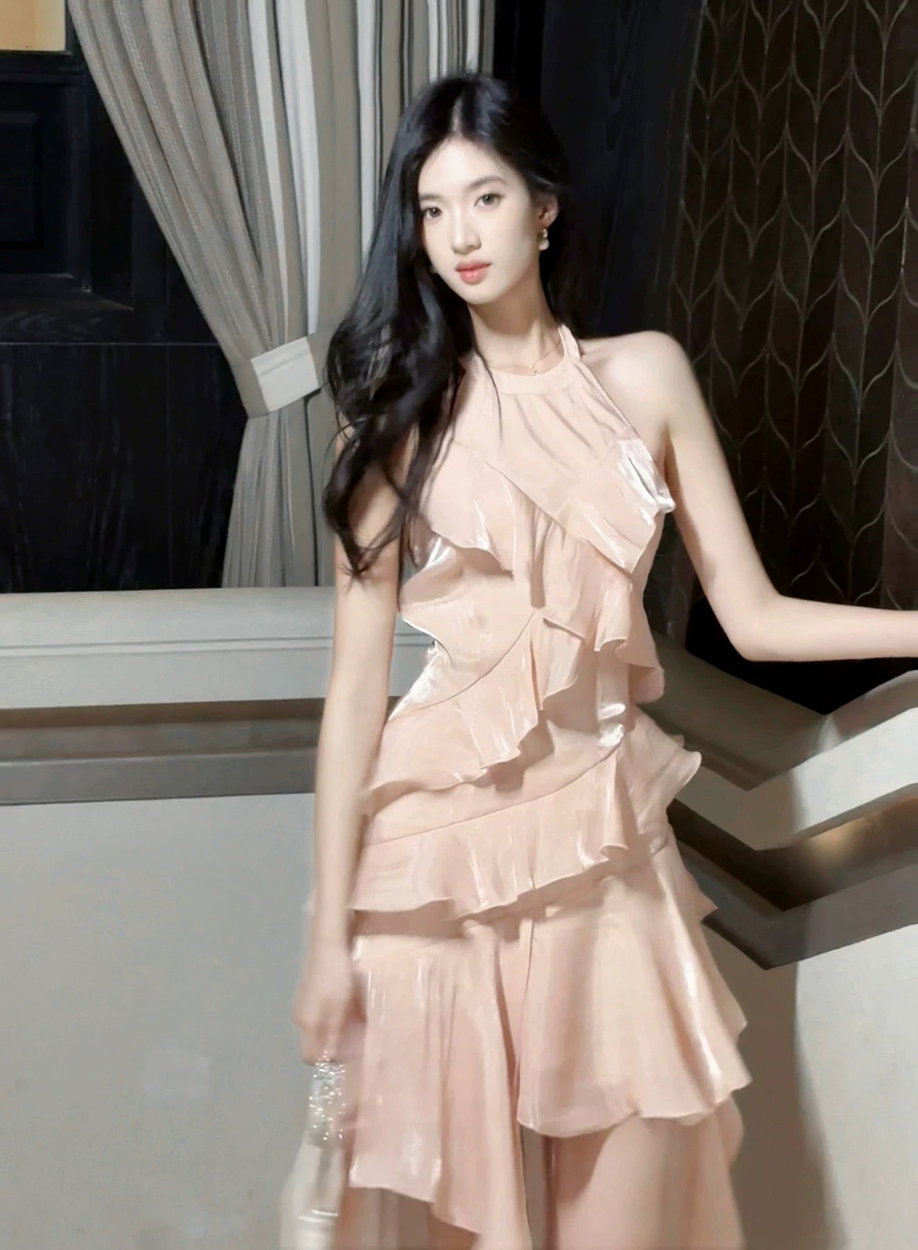 Modest French Style A line Scoop Pink Tiered Layers Fashion Women Long Formal Outfits Prom Dresses N2098