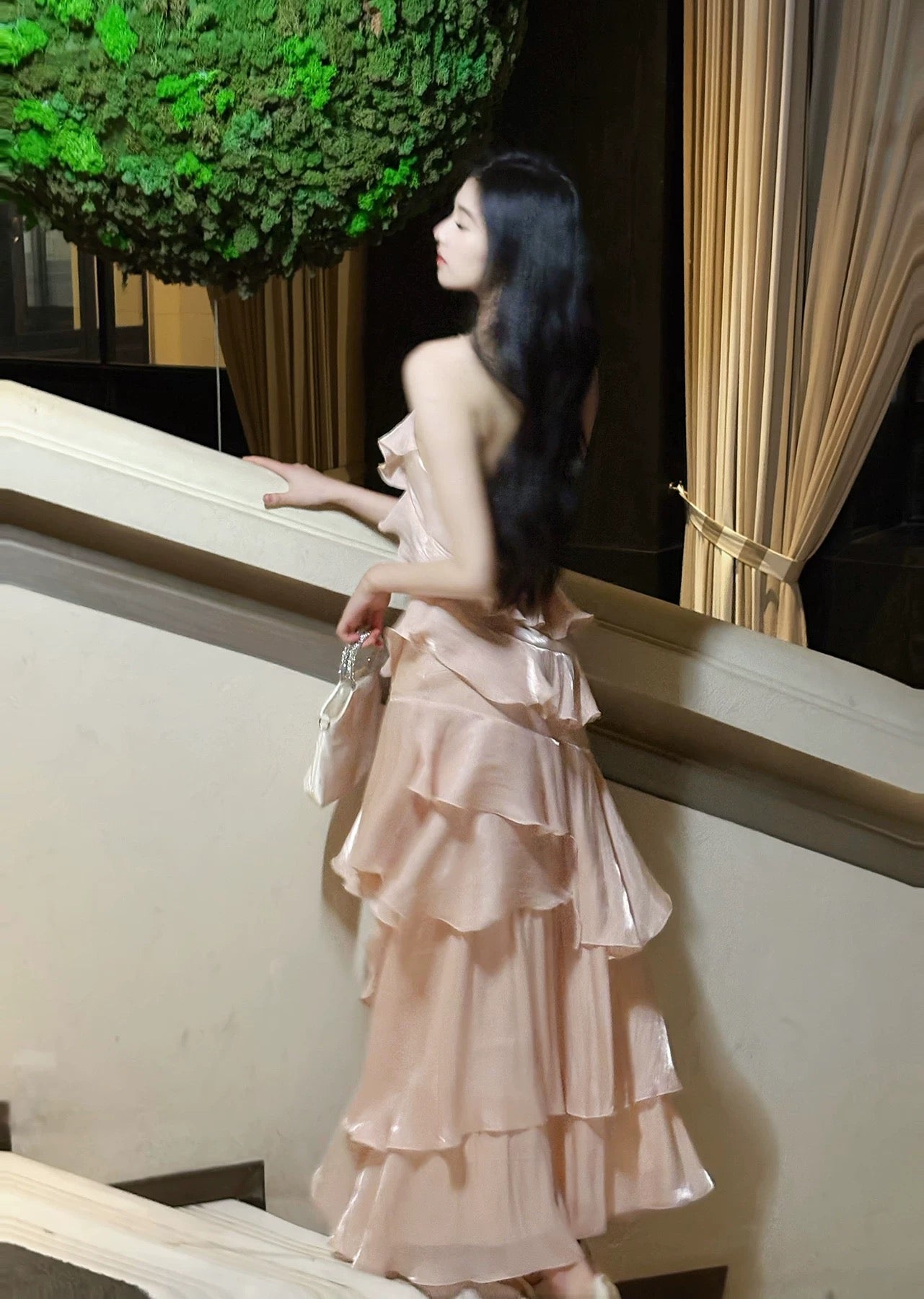 Modest French Style A line Scoop Pink Tiered Layers Fashion Women Long Formal Outfits Prom Dresses N2098