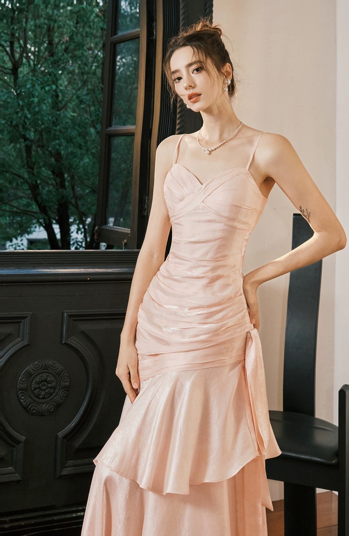 Simple Mermaid Spaghetti Straps Blush Pink Satin Inspiration Long Party Prom Dresses N2103
