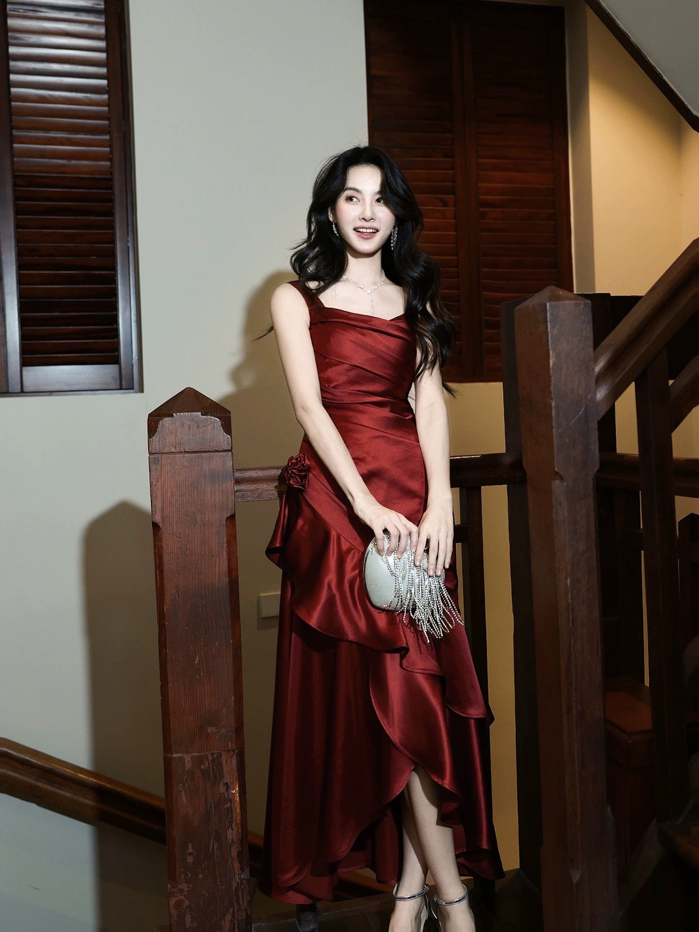 Classy Mermaid Square Neck Burgundy Satin Long For Women Girls Teens Prom Dresses N2190