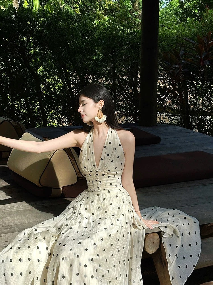 Beautiful A Line Halter Black Polka Dots Summer Formal Long For Women Girls Teens Prom Dresses N2203