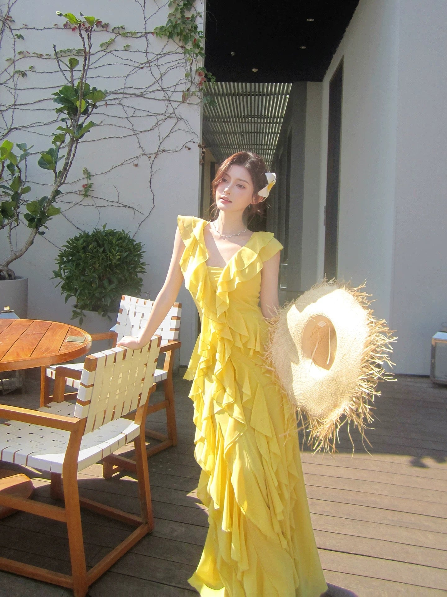 Simple Mermaid V Neck Yellow Chiffon Summer Formal For Women Girls Teens Prom Dresses N2216