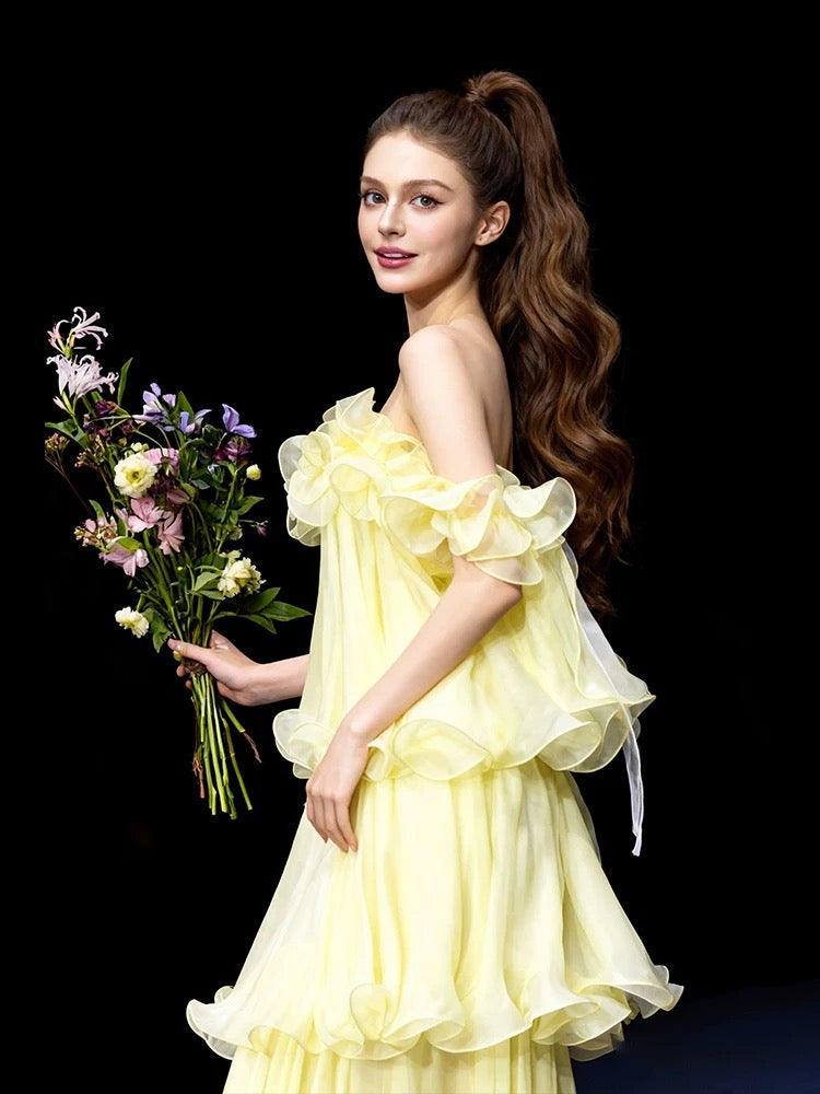 Vintage A Line Off The Shoulder Yellow Chiffon With Ruffles For High Schools Teens Prom Dresses Graduation Dress N1677