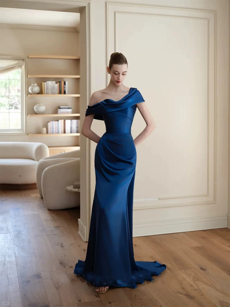 Modest Prom Dresses Mermaid One Shoulder Navy Blue Satin With Pleated Long Formal Dress N3160