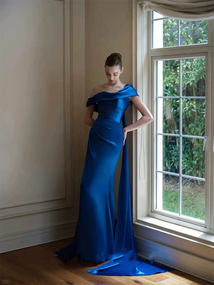 Modest Prom Dresses Mermaid One Shoulder Navy Blue Satin With Pleated Long Formal Dress N3160