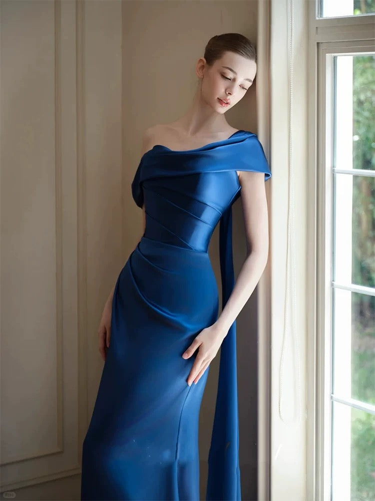 Modest Prom Dresses Mermaid One Shoulder Navy Blue Satin With Pleated Long Formal Dress N3160