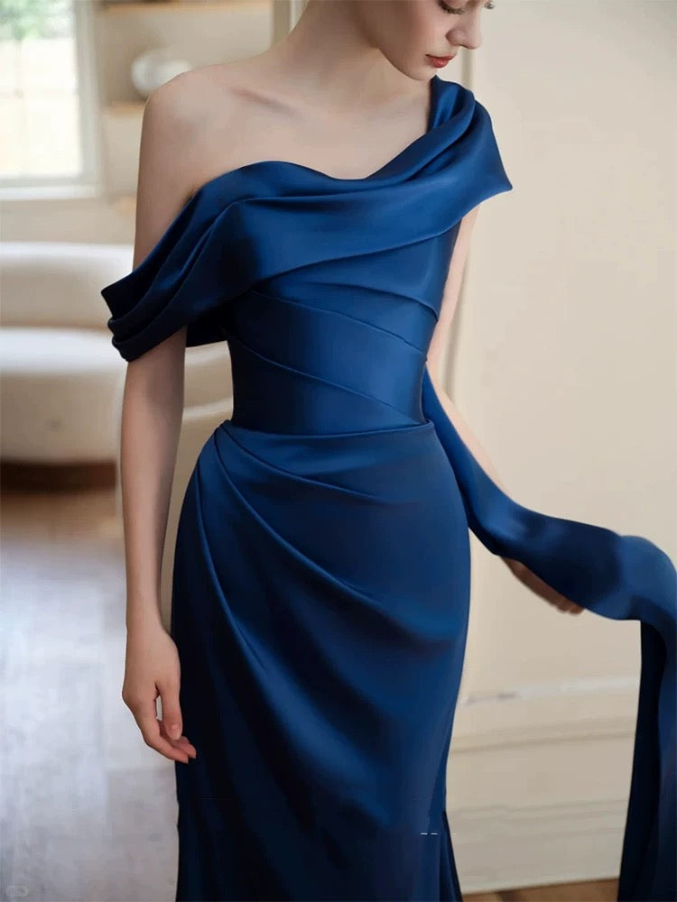 Modest Prom Dresses Mermaid One Shoulder Navy Blue Satin With Pleated Long Formal Dress N3160