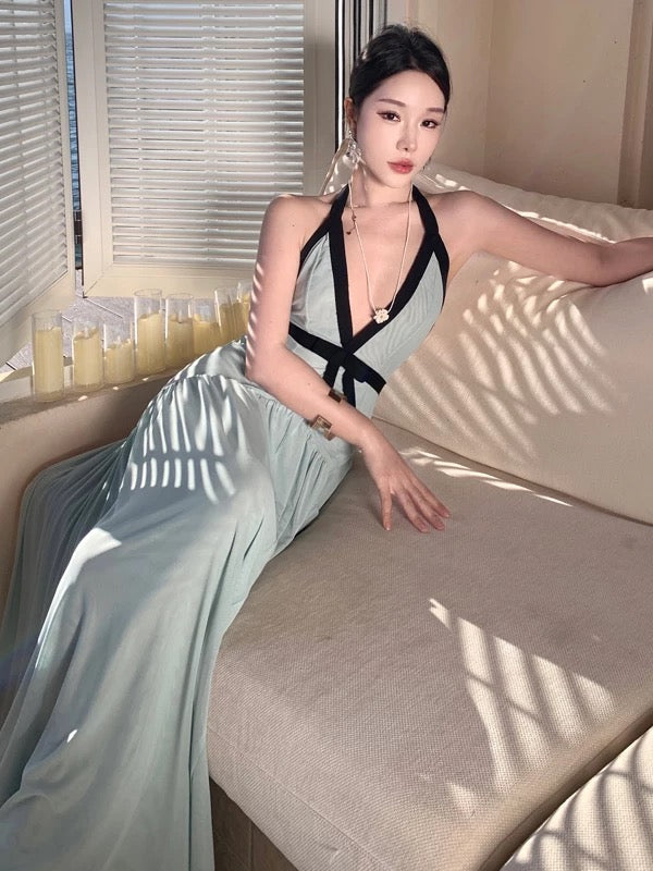 Pretty Prom Dresses Mermaid Halter Blue Chiffon Gown Formal Semi Long Formal Evening Dress N3988