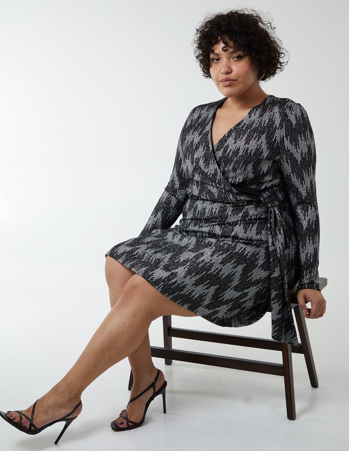 Curve Sparkly Fixed Wrap Skater Dress With Tie
