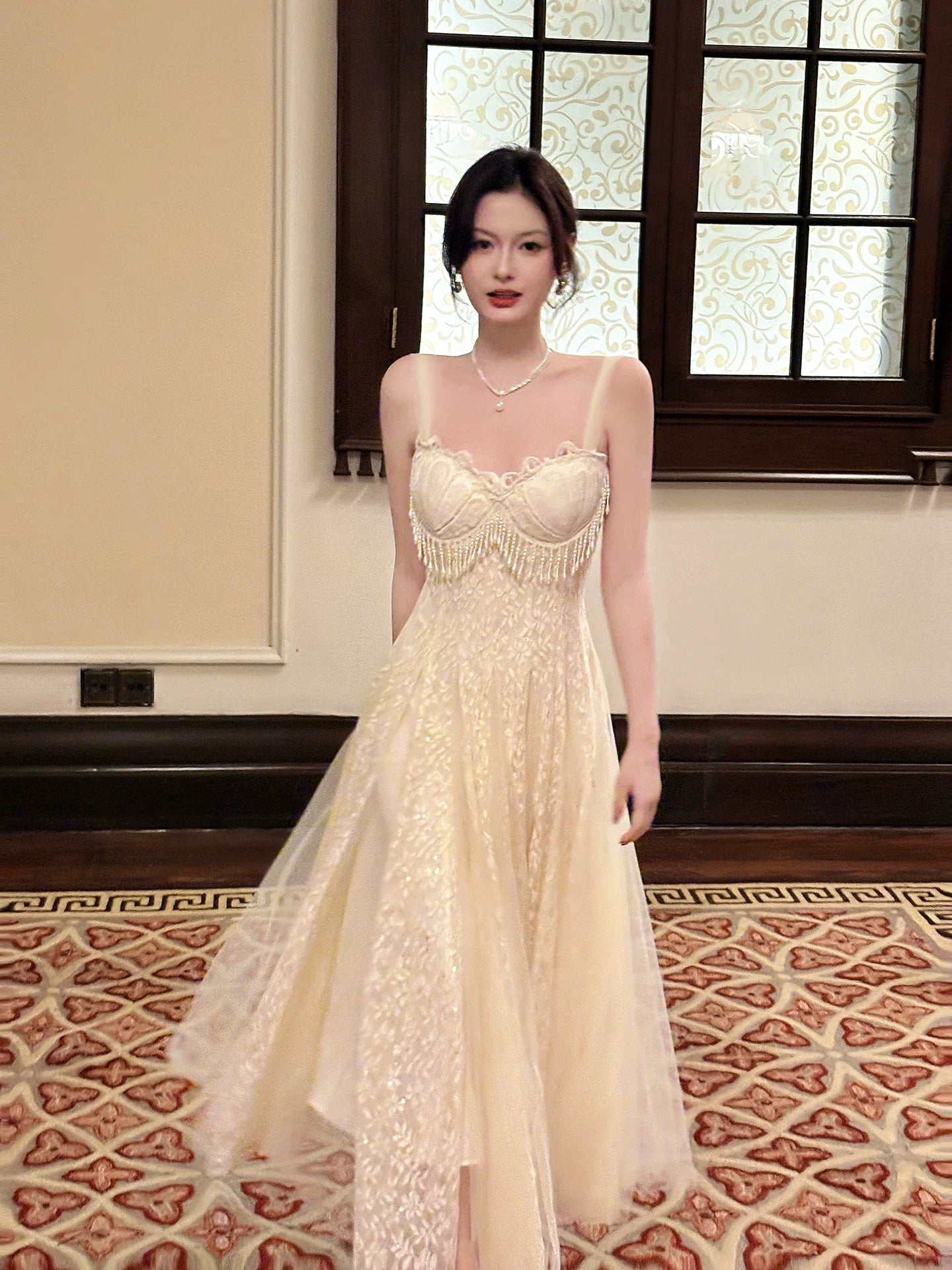 Sexy A line Spaghetti Straps Apricot Lace Prom Dresses Wedding Guest Dress 20th Birthday Outfits AB2469